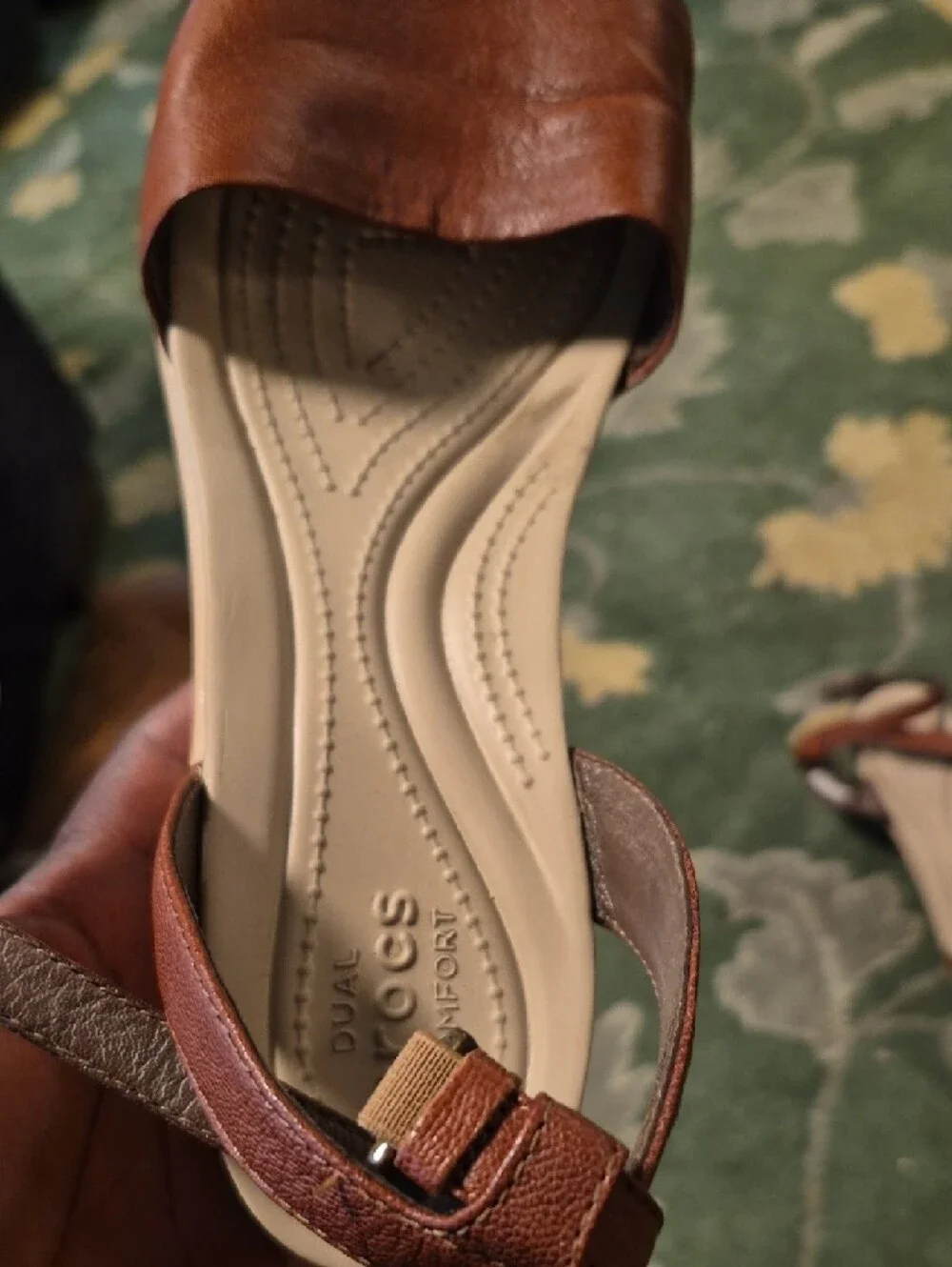 CROCS Brown Leather T-Strap Sandals with Cream Footbed